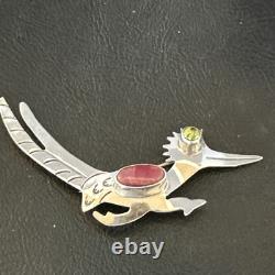 Road Runner Spiny Peridot Navajo Sterling Silver Stamped Pin Brooch 3 19089