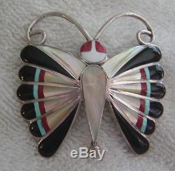 SARA EDAAKIE ZUNI Native American Sterling Silver Multi Gem Butterfly Brooch Pin