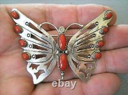 SARAH DICKENS Native American Coral Sterling Silver Butterfly Pin or Brooch