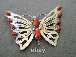 SARAH DICKENS Native American Coral Sterling Silver Butterfly Pin or Brooch