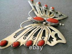 SARAH DICKENS Native American Coral Sterling Silver Butterfly Pin or Brooch