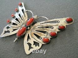 SARAH DICKENS Native American Coral Sterling Silver Butterfly Pin or Brooch