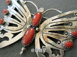 SARAH DICKENS Native American Coral Sterling Silver Butterfly Pin or Brooch