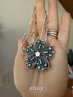 SIGNED Zuni Sterling Silver Turquoise needlepoint Flower Pendant Brooch ZCCA