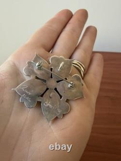 SIGNED Zuni Sterling Silver Turquoise needlepoint Flower Pendant Brooch ZCCA
