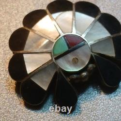 Sd Native American Zuni Inlay Brooch Pin Black White Red Green Sterling Silver