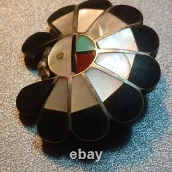 Sd Native American Zuni Inlay Brooch Pin Black White Red Green Sterling Silver