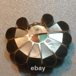 Sd Native American Zuni Inlay Brooch Pin Black White Red Green Sterling Silver