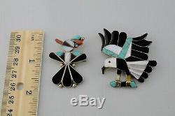 Set of 2 Native American ZUNI Sterling Thunderbird & Eagle Inlay Pins Pendants