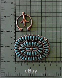 Sgnd Navajo oval Zuni Style TURQUOISE PETIPOINT PIN Sterling Silver + NAJA BONUS