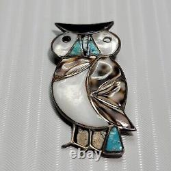 Shell Inlay Mother of Pearl Sterling Silver Owl Pin Brooch Zuni
