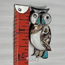 Shell Inlay Mother of Pearl Sterling Silver Owl Pin Brooch Zuni