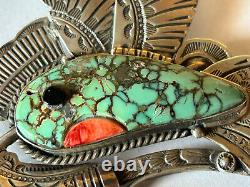 Signed Art Tafoya Sterling Silver Turquoise/Orange Spiny Hummingbird Pin/Pendant