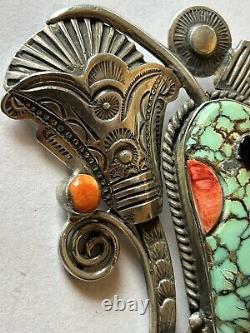 Signed Art Tafoya Sterling Silver Turquoise/Orange Spiny Hummingbird Pin/Pendant