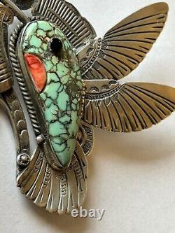 Signed Art Tafoya Sterling Silver Turquoise/Orange Spiny Hummingbird Pin/Pendant