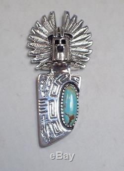 Signed Carol Felley Navajo 925 Sterling Silver Turquoise Kachina Pin or Pendant