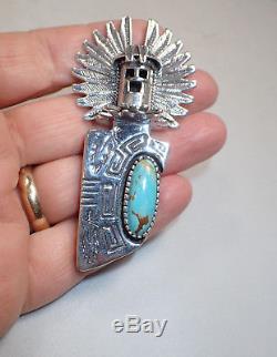Signed Carol Felley Navajo 925 Sterling Silver Turquoise Kachina Pin or Pendant