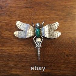Signed Fatoya Yazzie Sterling Silver Dragonfly Pin with Malachite Stone
