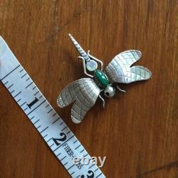 Signed Fatoya Yazzie Sterling Silver Dragonfly Pin with Malachite Stone