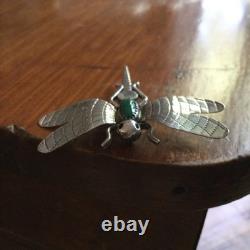 Signed Fatoya Yazzie Sterling Silver Dragonfly Pin with Malachite Stone