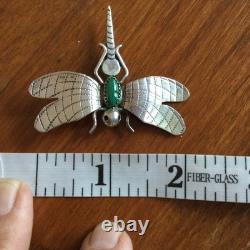 Signed Fatoya Yazzie Sterling Silver Dragonfly Pin with Malachite Stone
