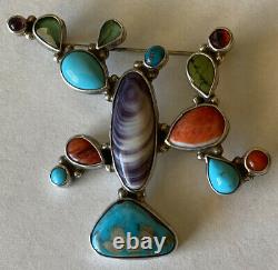 Signed Isleta Pueblo Sterling Silver Multi-Stone Cactus Pin