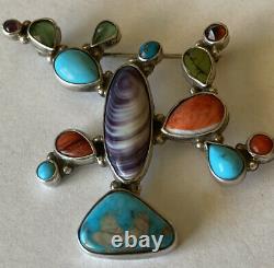 Signed Isleta Pueblo Sterling Silver Multi-Stone Cactus Pin