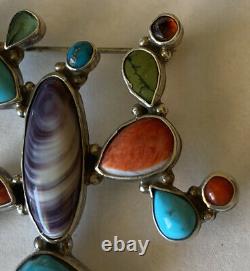 Signed Isleta Pueblo Sterling Silver Multi-Stone Cactus Pin