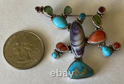 Signed Isleta Pueblo Sterling Silver Multi-Stone Cactus Pin