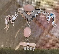 Signed Jimm Lewis Sterling Silver Navajo Tufa Kokopelli Rose Quartz Pin