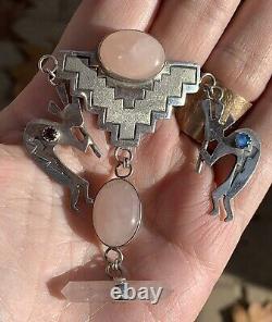 Signed Jimm Lewis Sterling Silver Navajo Tufa Kokopelli Rose Quartz Pin