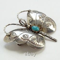 Signed LS Navajo Butterfly Pendant Pin Sterling Turquoise Handmade Stamped C1940