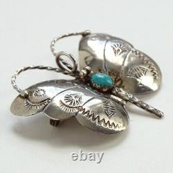 Signed LS Navajo Butterfly Pendant Pin Sterling Turquoise Handmade Stamped C1940