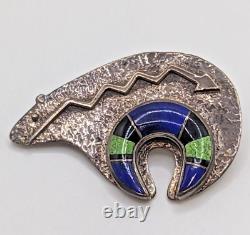 Signed Lapis Lazuli Onyx Turquoise Inlay Sterling Silver Bear Brooch Pin