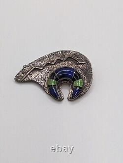 Signed Lapis Lazuli Onyx Turquoise Inlay Sterling Silver Bear Brooch Pin