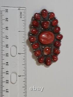 Signed Navajo Southwestern Red Spiny Oyster Sterling Silver 925 Brooch Pin