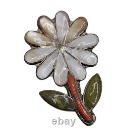 Signed Porfilio Sheyka Zuni Sterling Silver Inlay Flower Brooch