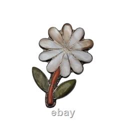 Signed Porfilio Sheyka Zuni Sterling Silver Inlay Flower Brooch