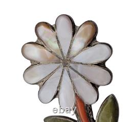 Signed Porfilio Sheyka Zuni Sterling Silver Inlay Flower Brooch