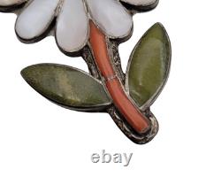 Signed Porfilio Sheyka Zuni Sterling Silver Inlay Flower Brooch