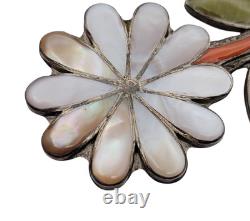 Signed Porfilio Sheyka Zuni Sterling Silver Inlay Flower Brooch