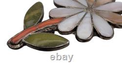 Signed Porfilio Sheyka Zuni Sterling Silver Inlay Flower Brooch