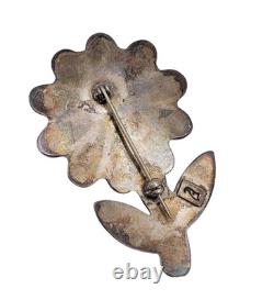 Signed Porfilio Sheyka Zuni Sterling Silver Inlay Flower Brooch