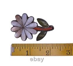 Signed Porfilio Sheyka Zuni Sterling Silver Inlay Flower Brooch