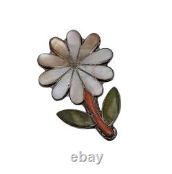 Signed Porfilio Sheyka Zuni Sterling Silver Inlay Flower Brooch