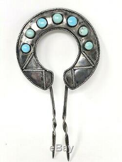 Signed R Platero Vtg Navajo Turquoise Hair Pick Fan Pin Sterling Silver 21.7g