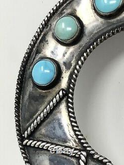 Signed R Platero Vtg Navajo Turquoise Hair Pick Fan Pin Sterling Silver 21.7g