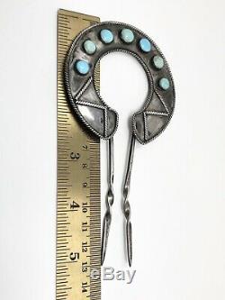 Signed R Platero Vtg Navajo Turquoise Hair Pick Fan Pin Sterling Silver 21.7g