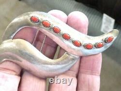 Signed Robert Johnson Vintage Navajo Native American Sterling Coral Pin 4' Pin