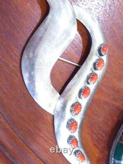 Signed Robert Johnson Vintage Navajo Native American Sterling Coral Pin 4' Pin